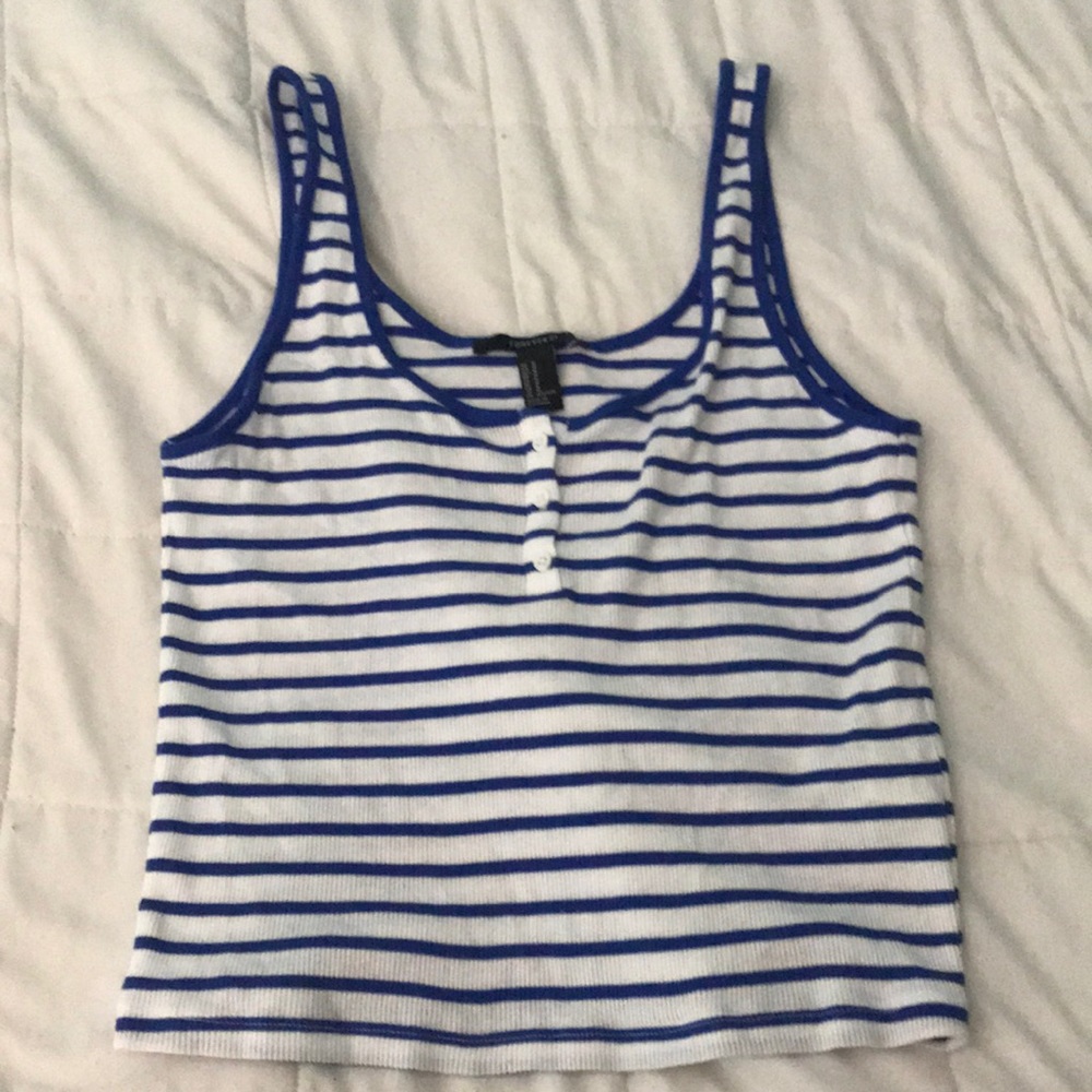 White tank top with blue horizontal stripes